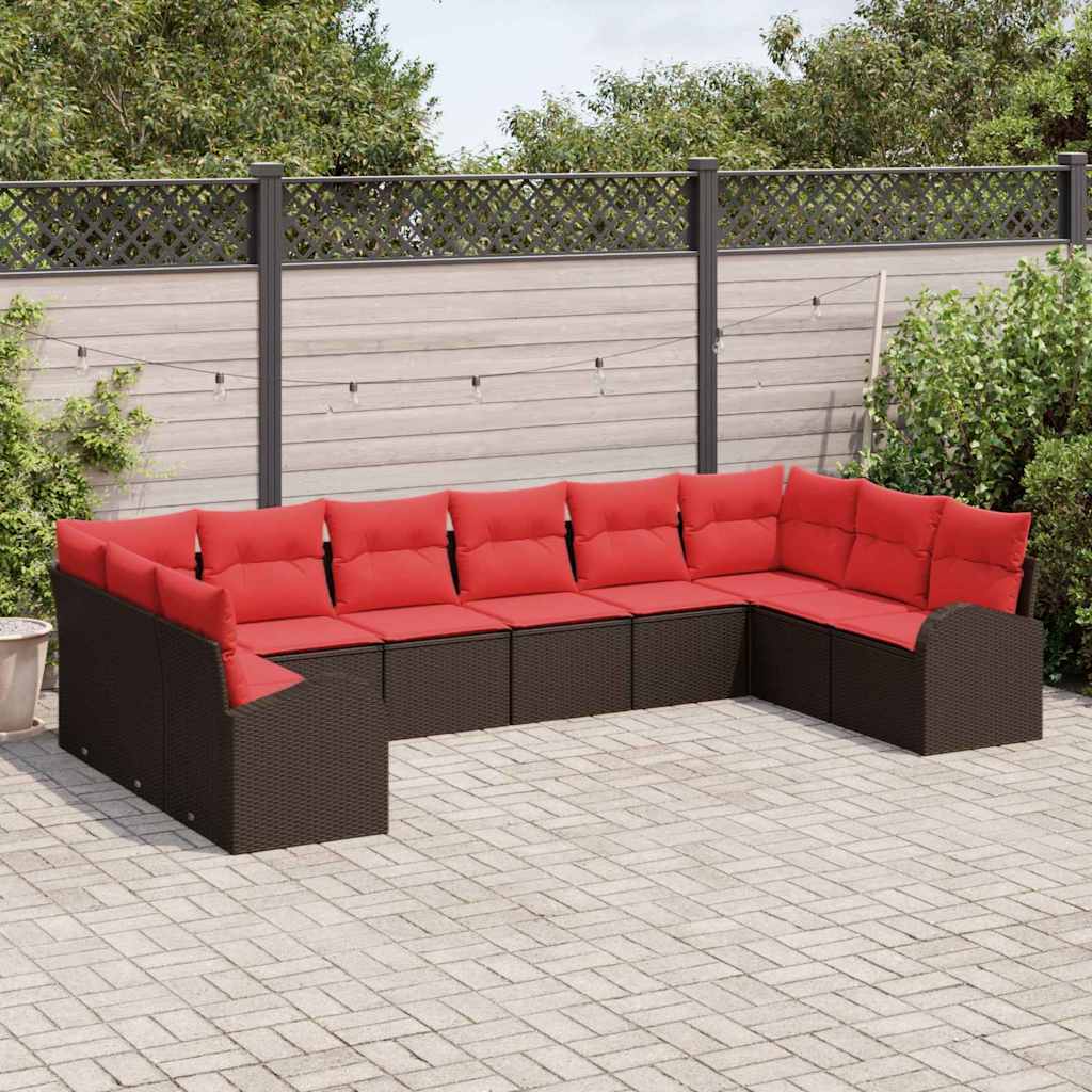 Tuinbankenset met kussen 10 pcs Bruin en Rood poly rattan is nu te koop bij PeponiXL, paradijselijk wonen!