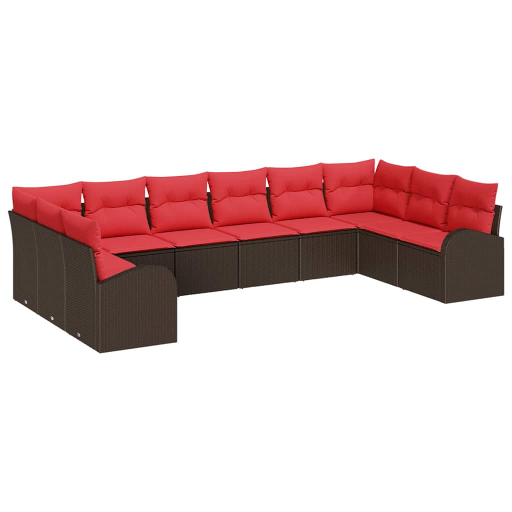 Tuinbankenset met kussen 10 pcs Bruin en Rood poly rattan is nu te koop bij PeponiXL, paradijselijk wonen!