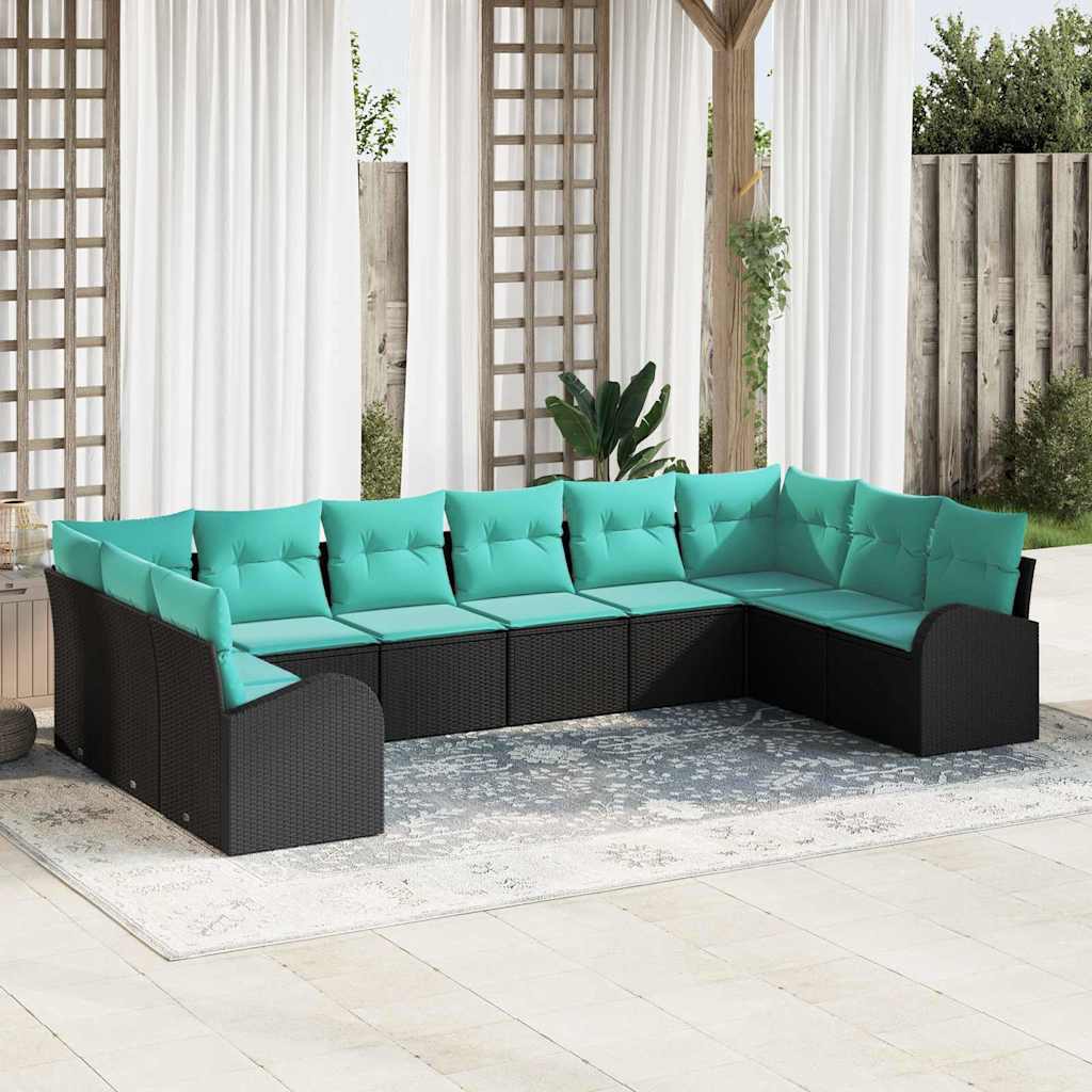 Tuinbankenset met kussen 10 pcs Zwart en Turquoise poly rattan is nu te koop bij PeponiXL, paradijselijk wonen!