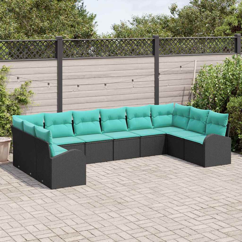 Tuinbankenset met kussen 10 pcs Zwart en Turquoise poly rattan is nu te koop bij PeponiXL, paradijselijk wonen!