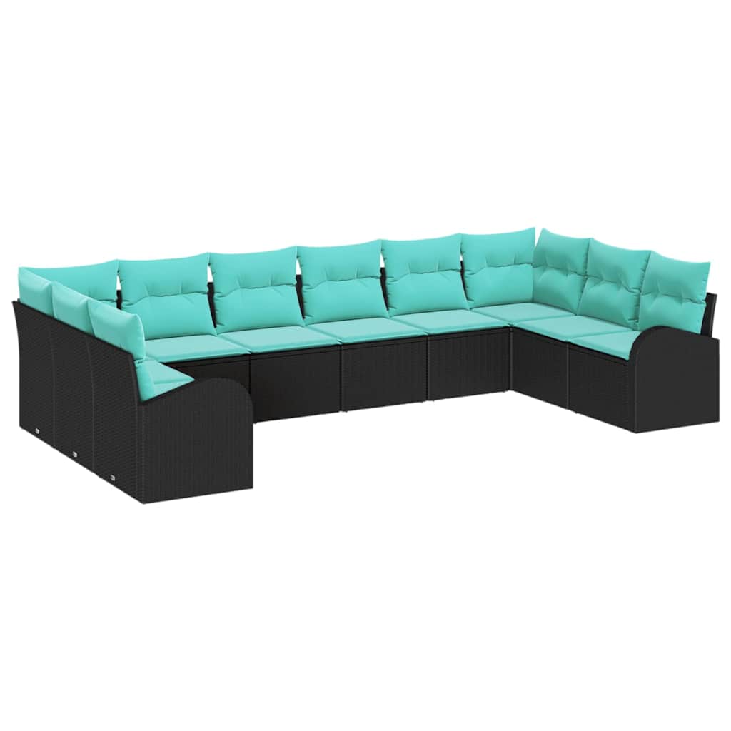 Tuinbankenset met kussen 10 pcs Zwart en Turquoise poly rattan is nu te koop bij PeponiXL, paradijselijk wonen!