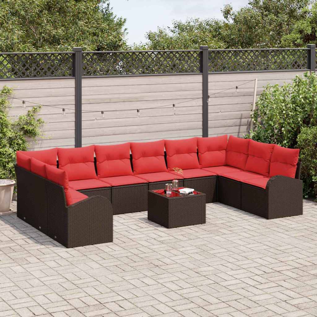 Tuinbankenset met kussen 11 pcs Bruin en Rood poly rattan is nu te koop bij PeponiXL, paradijselijk wonen!