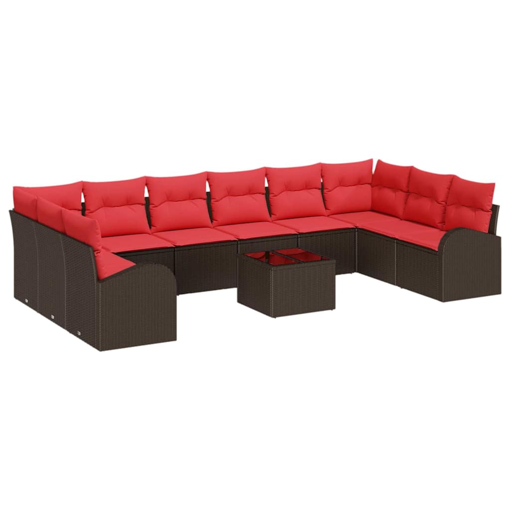 Tuinbankenset met kussen 11 pcs Bruin en Rood poly rattan is nu te koop bij PeponiXL, paradijselijk wonen!
