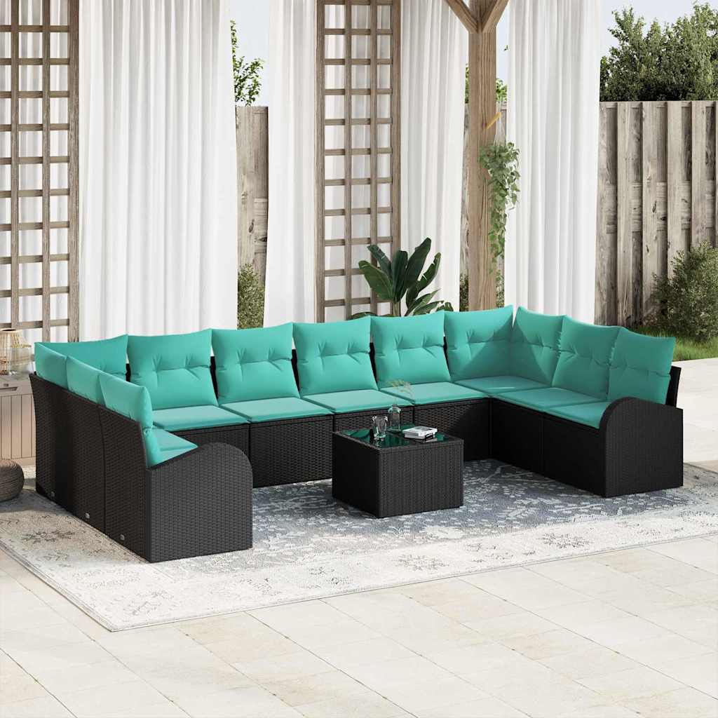 Tuinbankenset met kussen 11 pcs Zwart en Turquoise poly rattan is nu te koop bij PeponiXL, paradijselijk wonen!