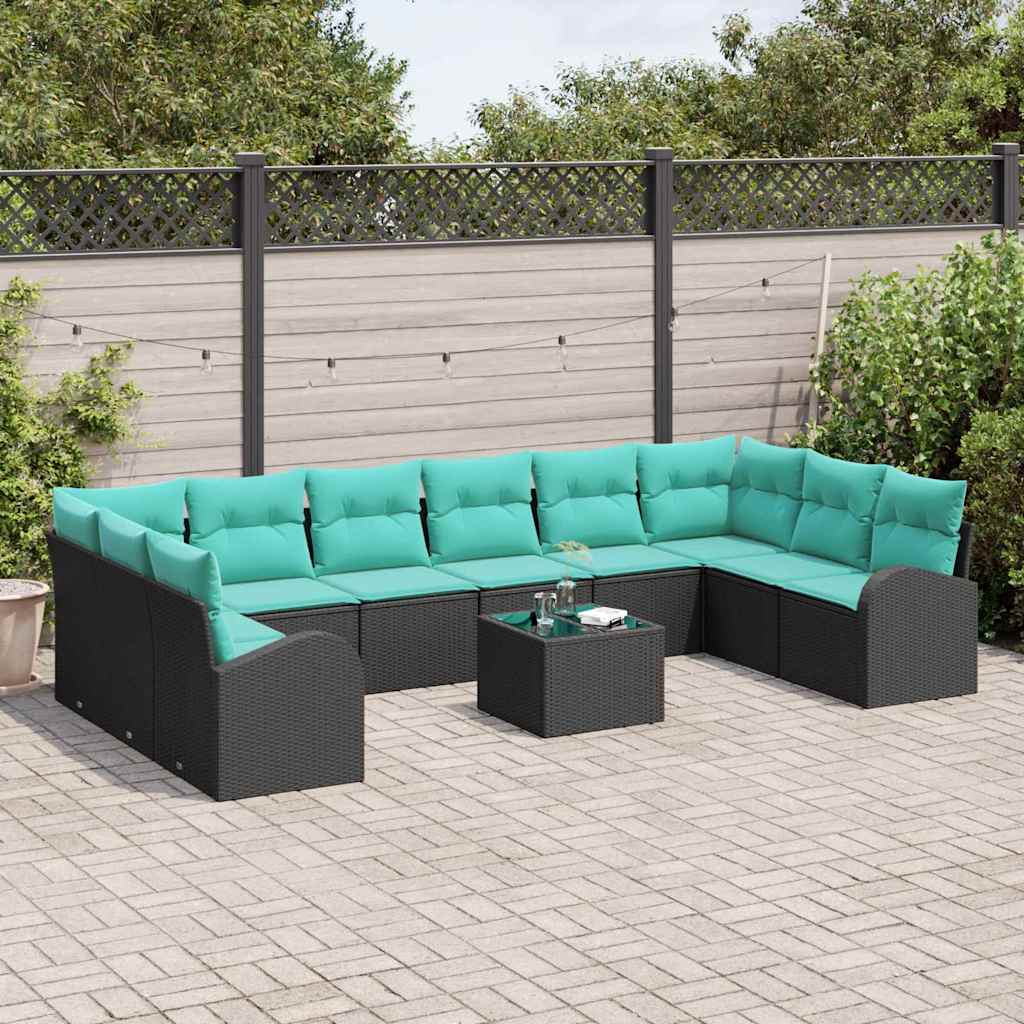 Tuinbankenset met kussen 11 pcs Zwart en Turquoise poly rattan is nu te koop bij PeponiXL, paradijselijk wonen!