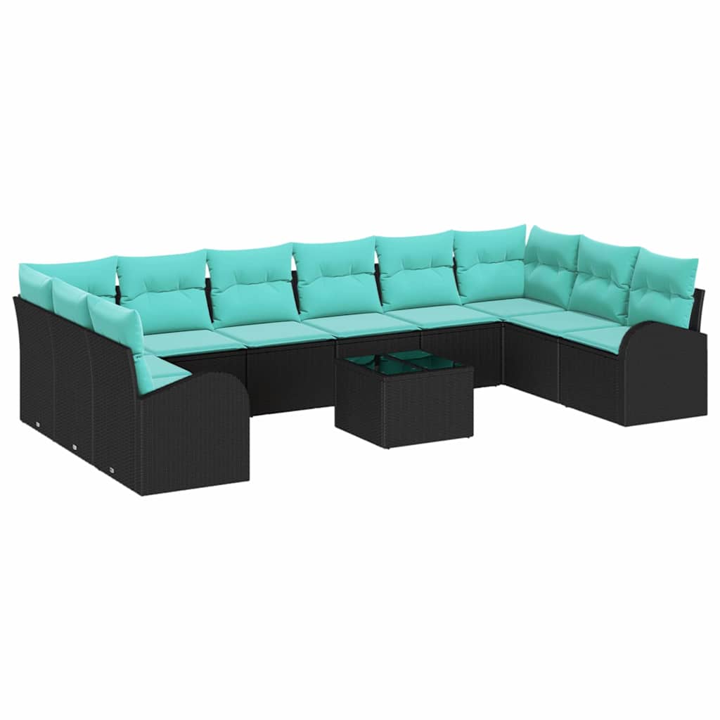 Tuinbankenset met kussen 11 pcs Zwart en Turquoise poly rattan is nu te koop bij PeponiXL, paradijselijk wonen!