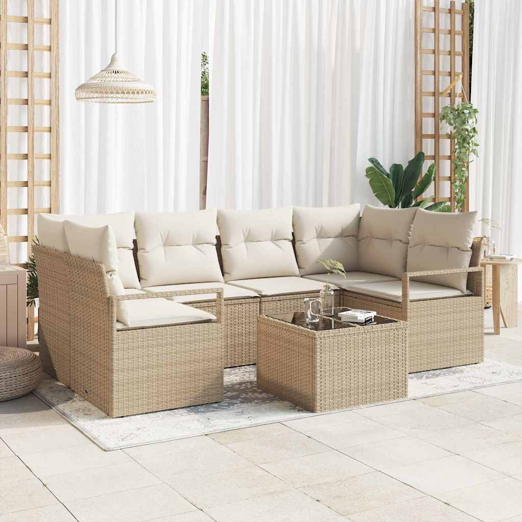 Tuin Sofa Set 7 pcs Beige en Crème Poly rattan, staal en glas is nu te koop bij PeponiXL, paradijselijk wonen!