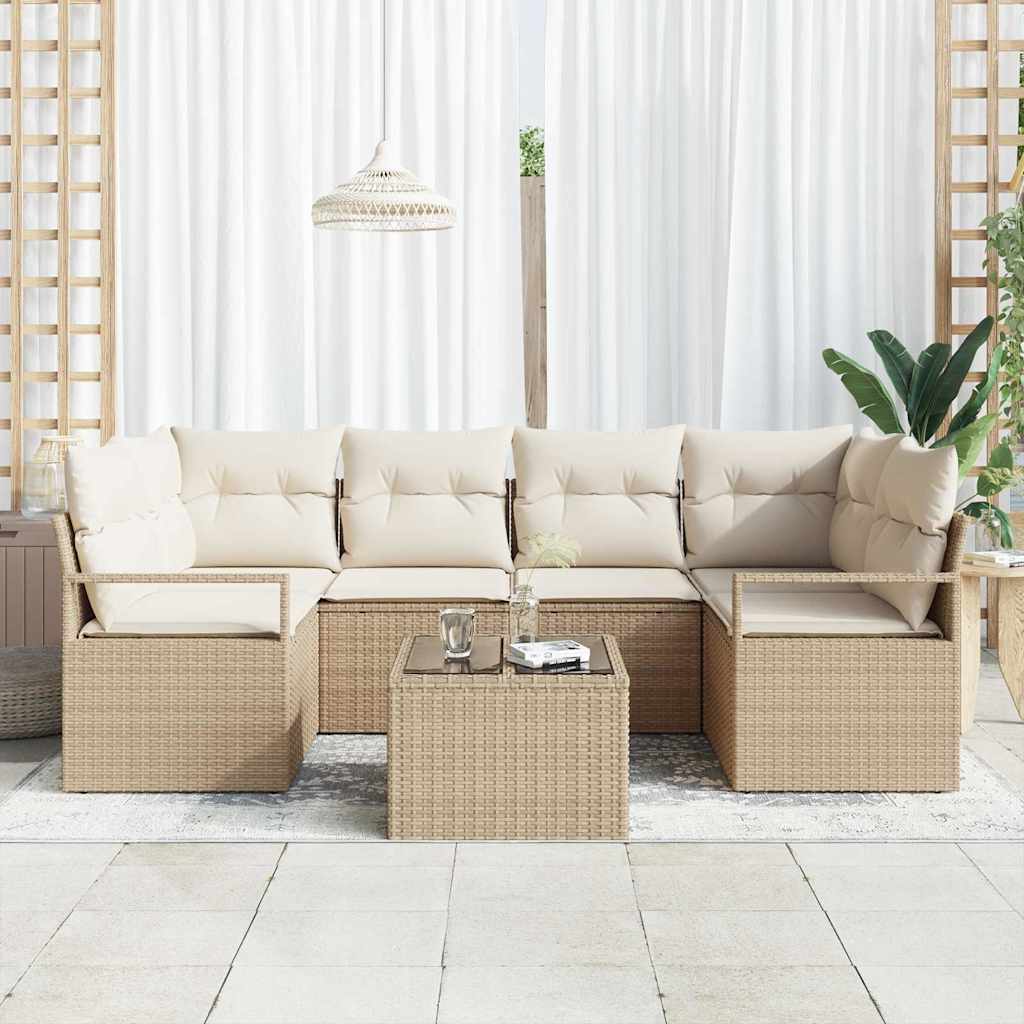 Tuin Sofa Set 7 pcs Beige en Crème Poly rattan, staal en glas is nu te koop bij PeponiXL, paradijselijk wonen!