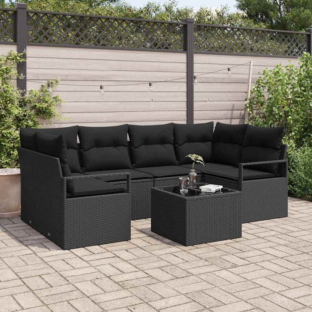 Tuin Sofa Set met kussen 7 pcs Zwart Poly rattan, staal en glas is nu te koop bij PeponiXL, paradijselijk wonen!