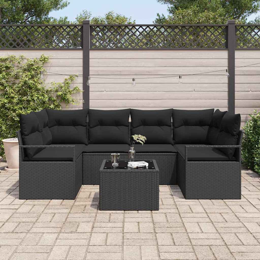 Tuin Sofa Set met kussen 7 pcs Zwart Poly rattan, staal en glas is nu te koop bij PeponiXL, paradijselijk wonen!