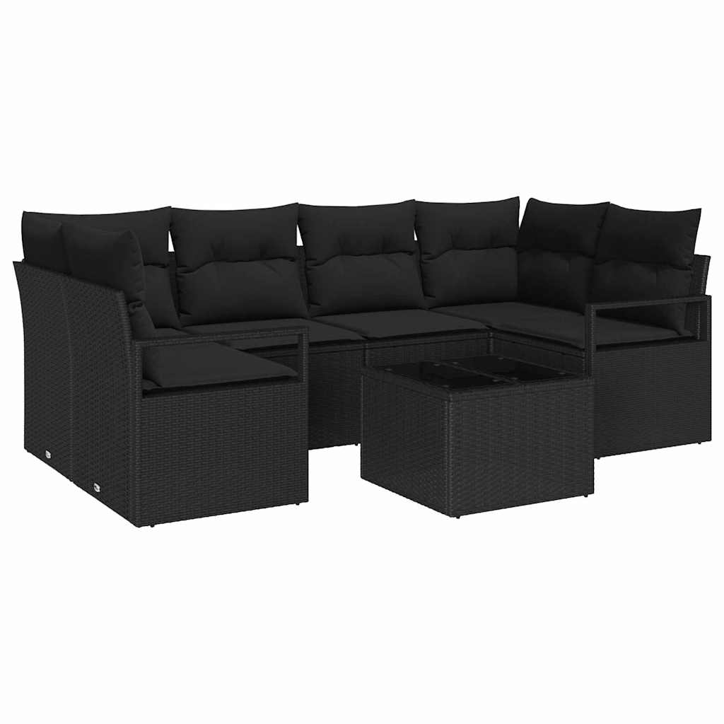 Tuin Sofa Set met kussen 7 pcs Zwart Poly rattan, staal en glas is nu te koop bij PeponiXL, paradijselijk wonen!