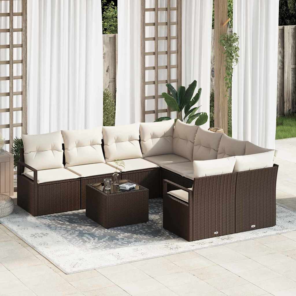 Bankstel met kussen met opslag 9 pcs Bruin en Crème poly rattan is nu te koop bij PeponiXL, paradijselijk wonen!