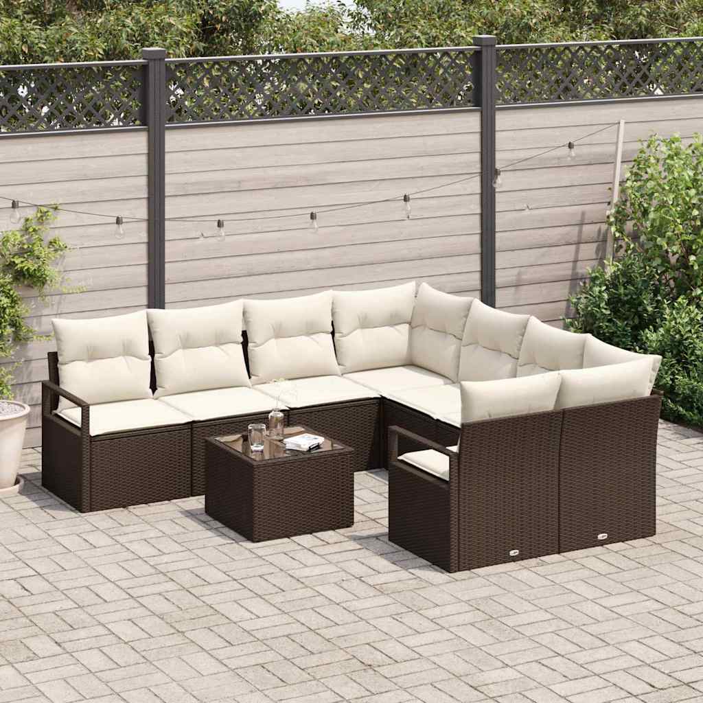 Bankstel met kussen met opslag 9 pcs Bruin en Crème poly rattan is nu te koop bij PeponiXL, paradijselijk wonen!