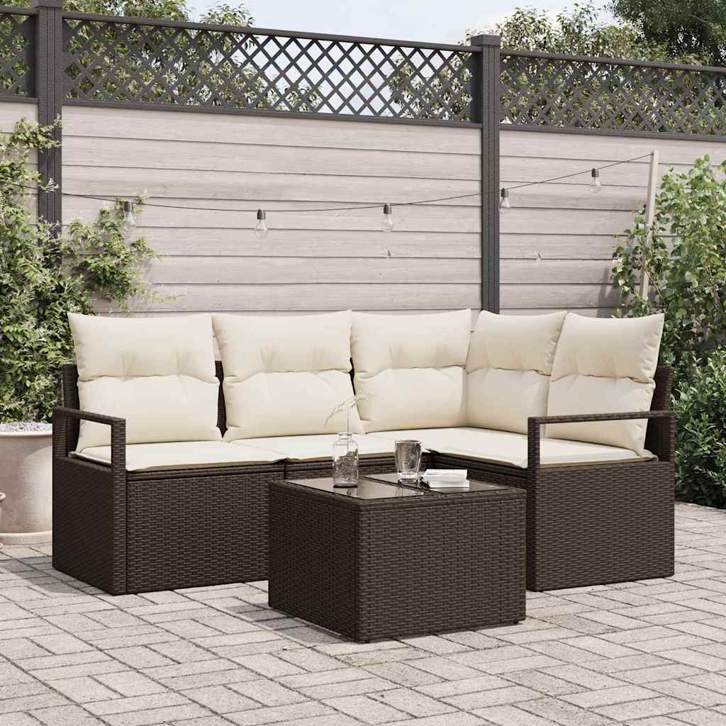 Bankstel met kussen met opslag 5 pcs Bruin en Crème poly rattan is nu te koop bij PeponiXL, paradijselijk wonen!