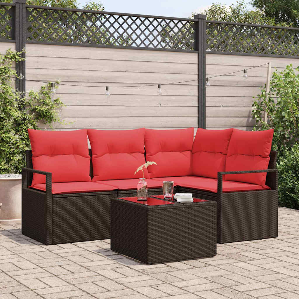 Tuinbankenset met kussen 5 pcs Bruin en Rood poly rattan is nu te koop bij PeponiXL, paradijselijk wonen!