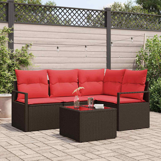 Tuinbankenset met kussen 5 pcs Bruin en Rood poly rattan is nu te koop bij PeponiXL, paradijselijk wonen!