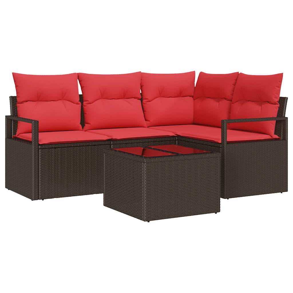 Tuinbankenset met kussen 5 pcs Bruin en Rood poly rattan is nu te koop bij PeponiXL, paradijselijk wonen!