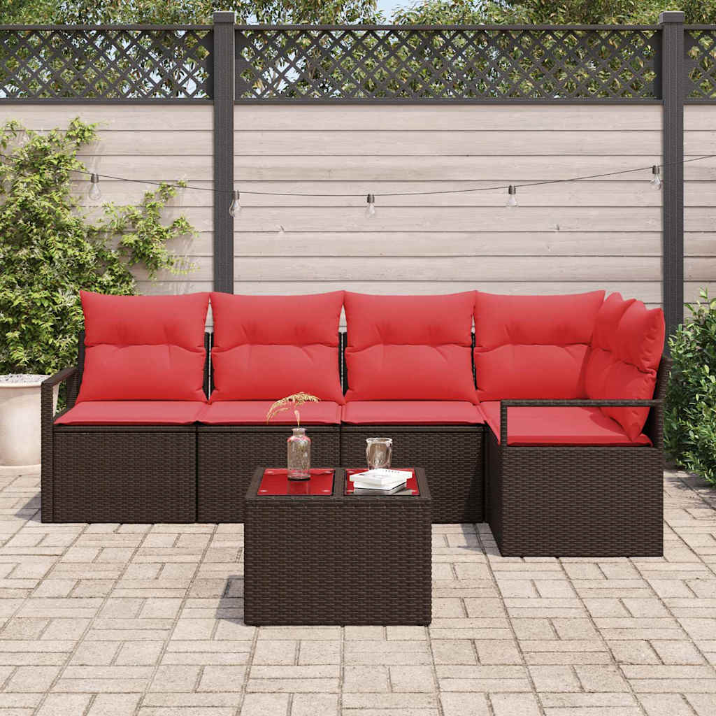 Tuinbankenset met kussen 6 pcs Bruin en Rood poly rattan is nu te koop bij PeponiXL, paradijselijk wonen!