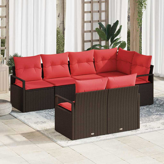 Tuinbankenset met kussen 7 pcs Bruin en Rood poly rattan is nu te koop bij PeponiXL, paradijselijk wonen!