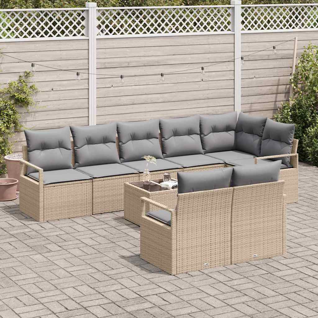 Tuinbankenset met kussen 9 pcs Beige en Licht Grijs poly rattan is nu te koop bij PeponiXL, paradijselijk wonen!