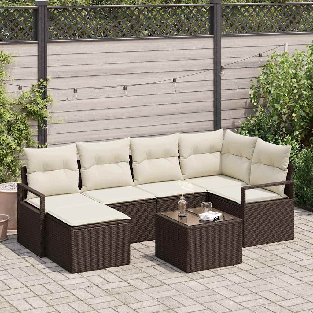 Bankstel met kussen met opslag 7 pcs Bruin en Crème poly rattan is nu te koop bij PeponiXL, paradijselijk wonen!