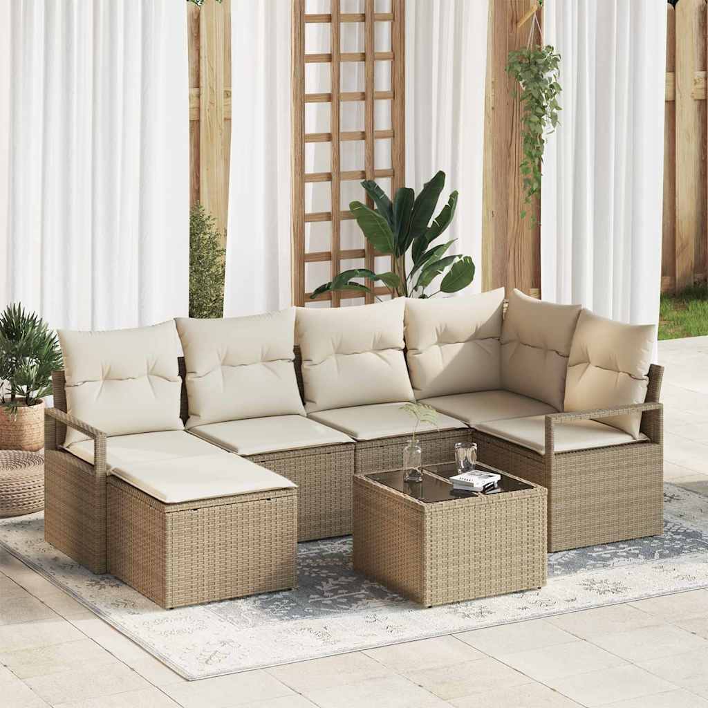 Bankstel met kussen met opslag 7 pcs Beige en Crème poly rattan is nu te koop bij PeponiXL, paradijselijk wonen!