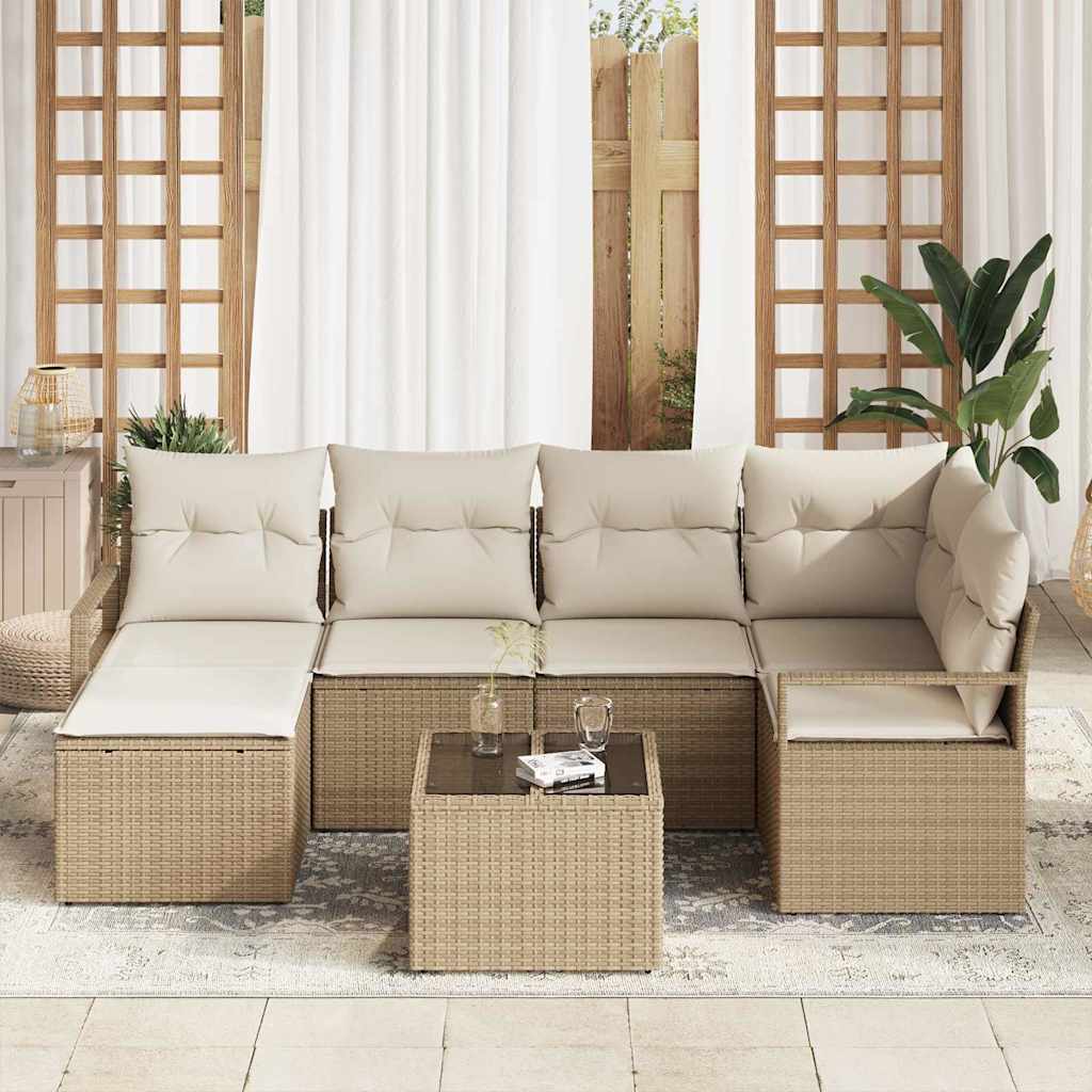 Bankstel met kussen met opslag 7 pcs Beige en Crème poly rattan is nu te koop bij PeponiXL, paradijselijk wonen!