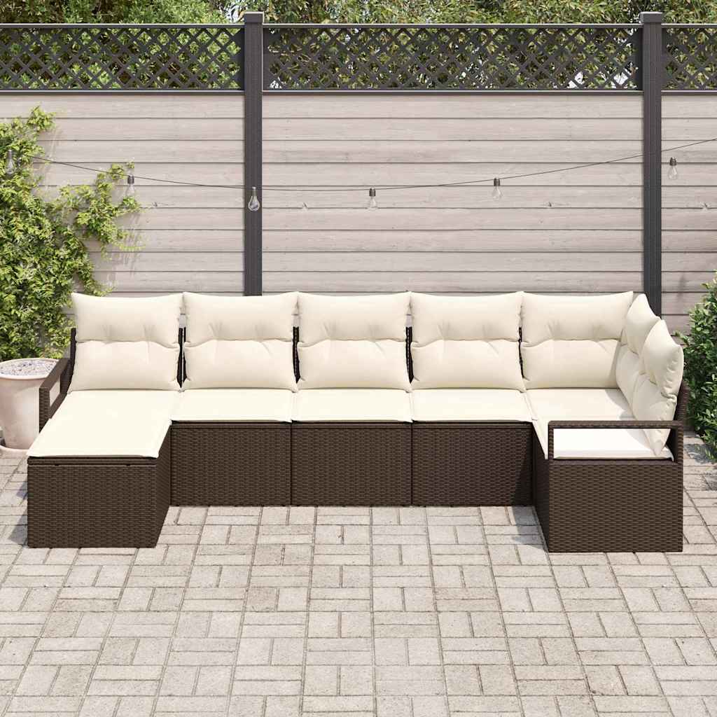 Bankstel met kussen met opslag 7 pcs Bruin en Crème poly rattan is nu te koop bij PeponiXL, paradijselijk wonen!