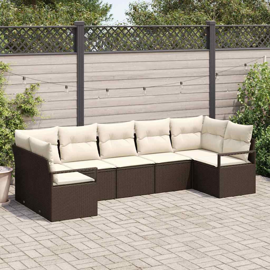 Tuinbankenset met kussen 7 pcs Bruin en wit poly rattan is nu te koop bij PeponiXL, paradijselijk wonen!