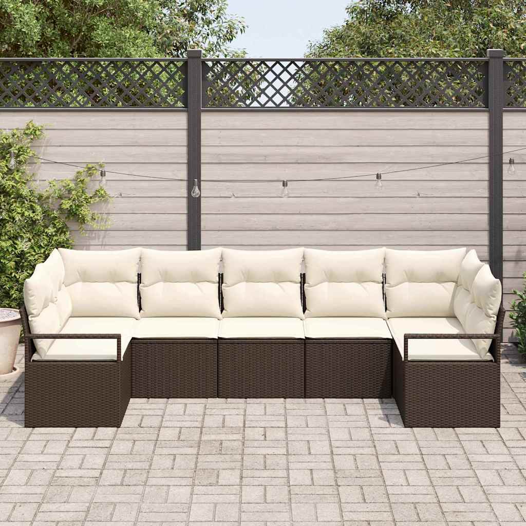Tuinbankenset met kussen 7 pcs Bruin en wit poly rattan is nu te koop bij PeponiXL, paradijselijk wonen!