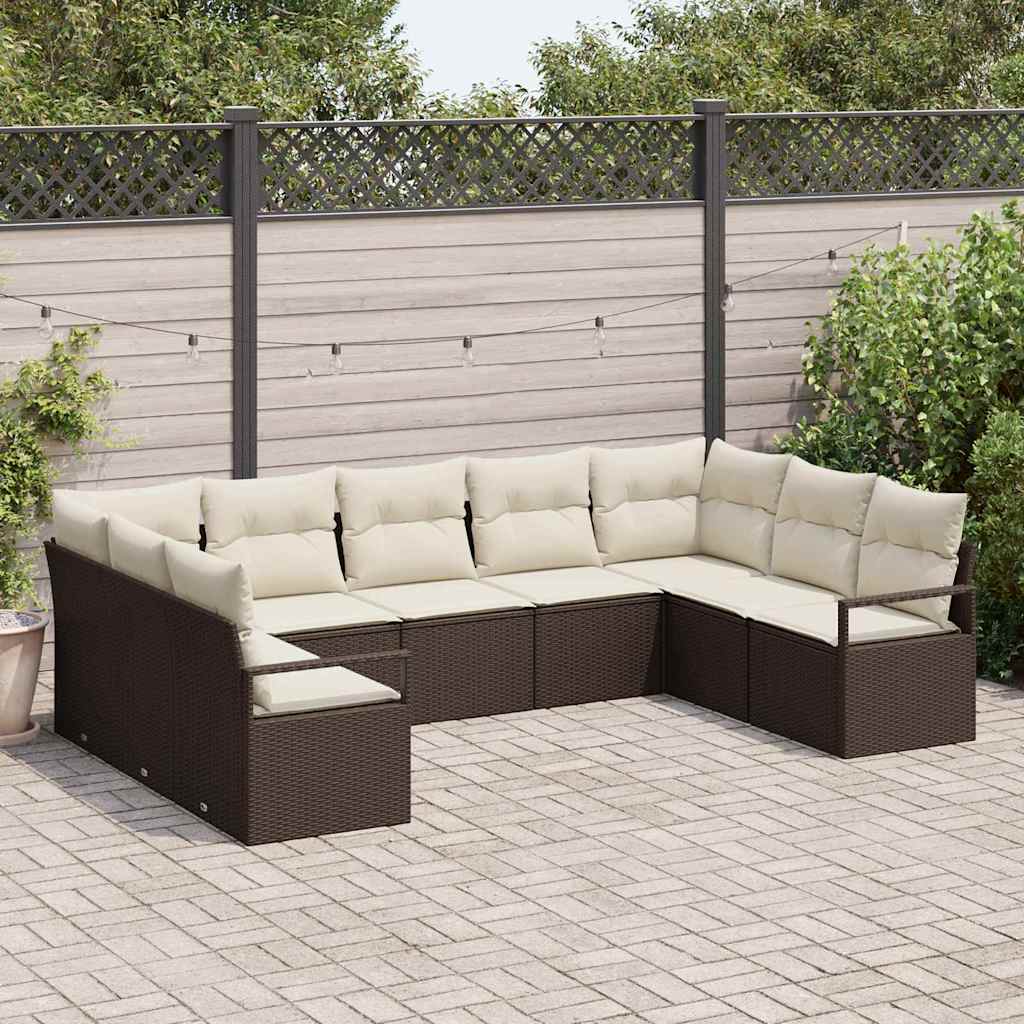 Tuinbankenset met kussen 9 pcs Bruin en wit poly rattan is nu te koop bij PeponiXL, paradijselijk wonen!