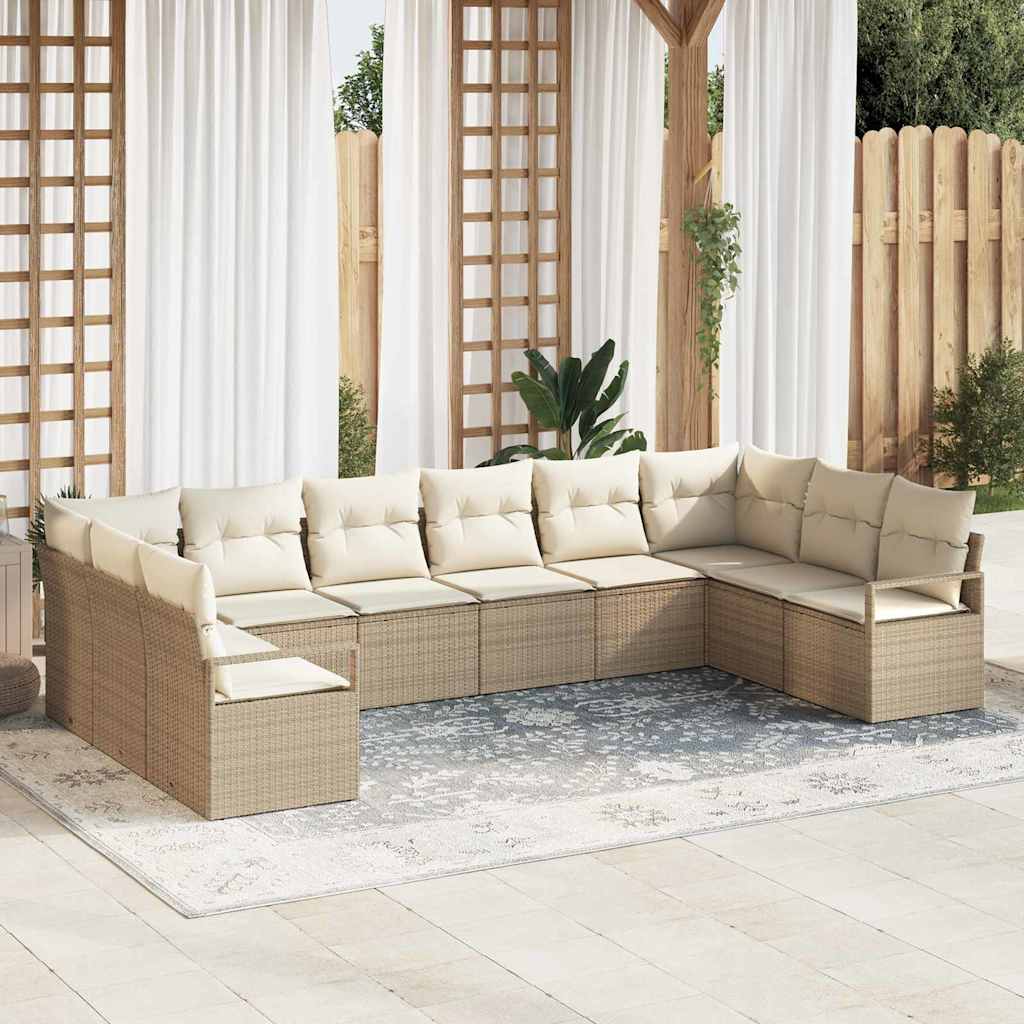 Tuinbankenset met kussen 10 pcs Beige en Wit poly rattan is nu te koop bij PeponiXL, paradijselijk wonen!