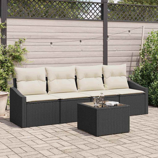 Bankstel met kussen met opslag 5 pcs Zwart en Crème poly rattan is nu te koop bij PeponiXL, paradijselijk wonen!