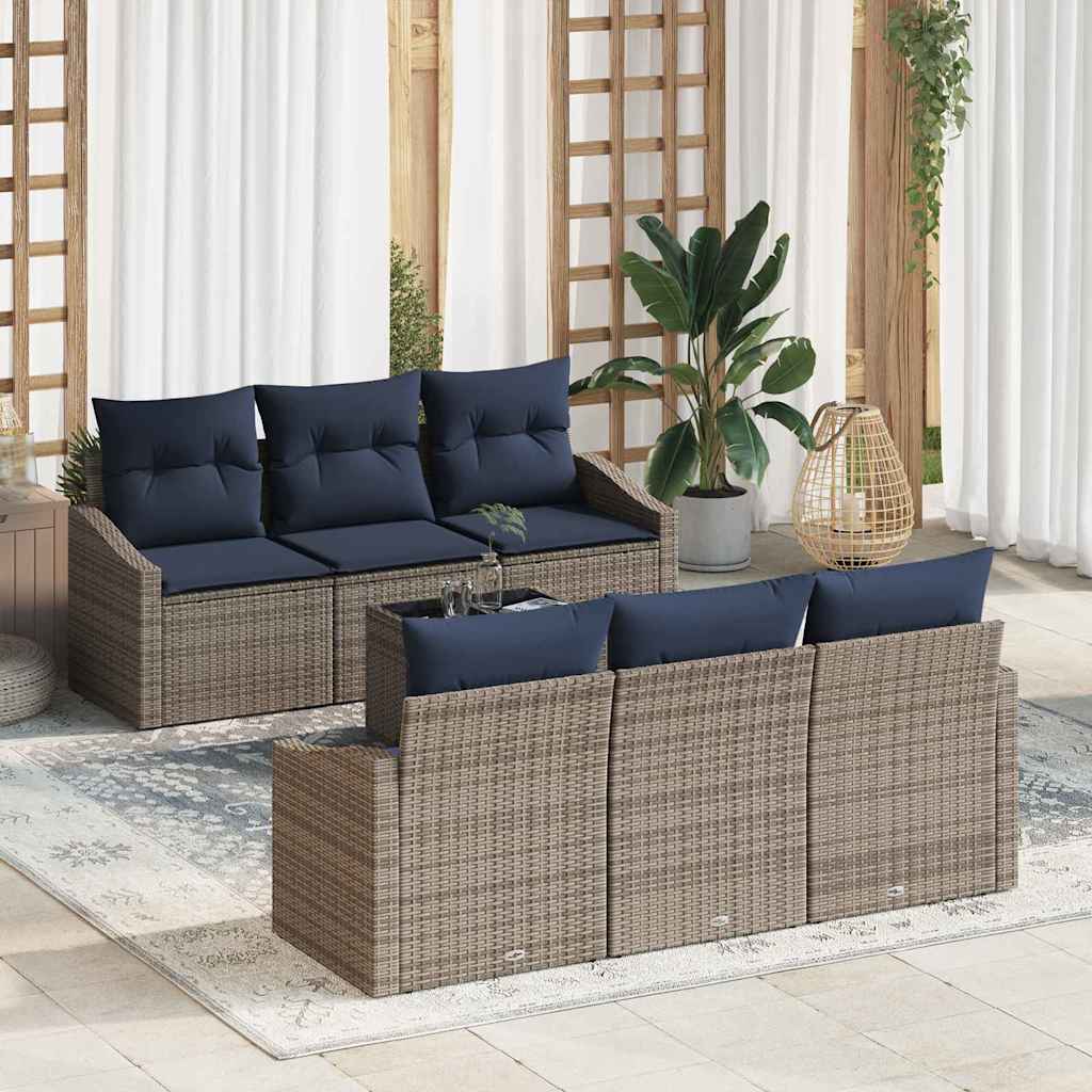 Bankstel met kussen 7 pcs Grijs en Marineblauw poly rattan is nu te koop bij PeponiXL, paradijselijk wonen!