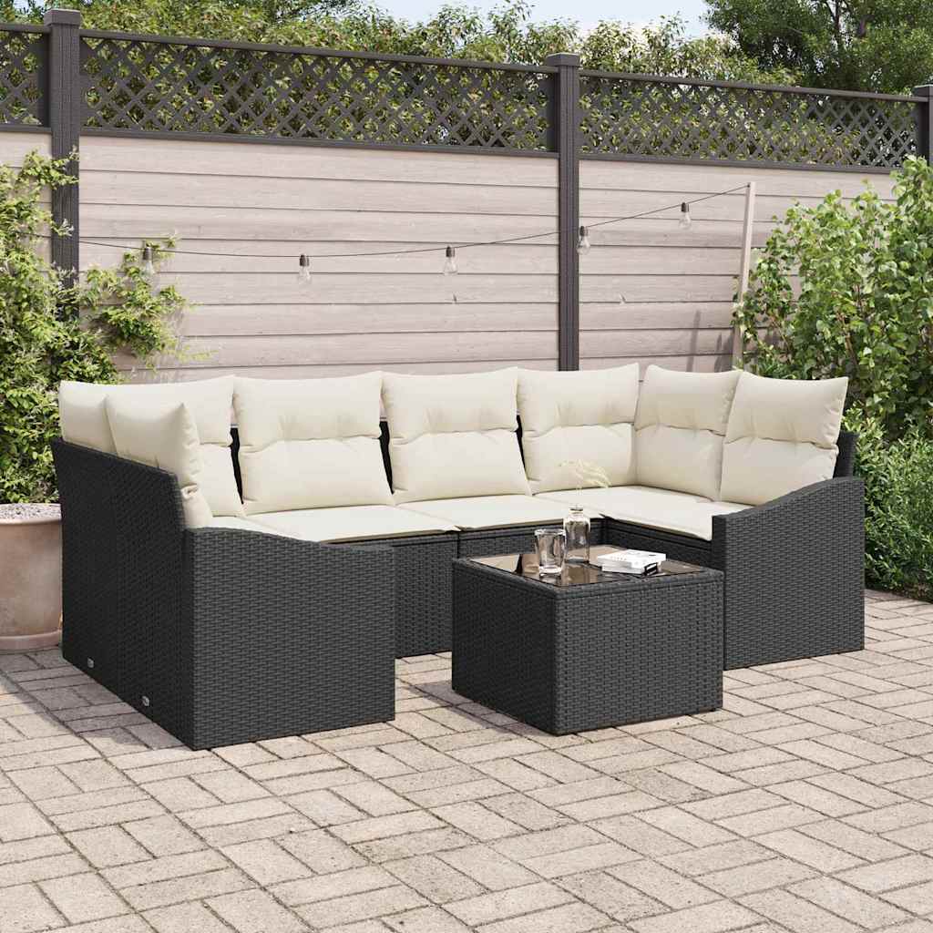 Bankstel met kussen met opslag 7 pcs Zwart en Crème poly rattan is nu te koop bij PeponiXL, paradijselijk wonen!