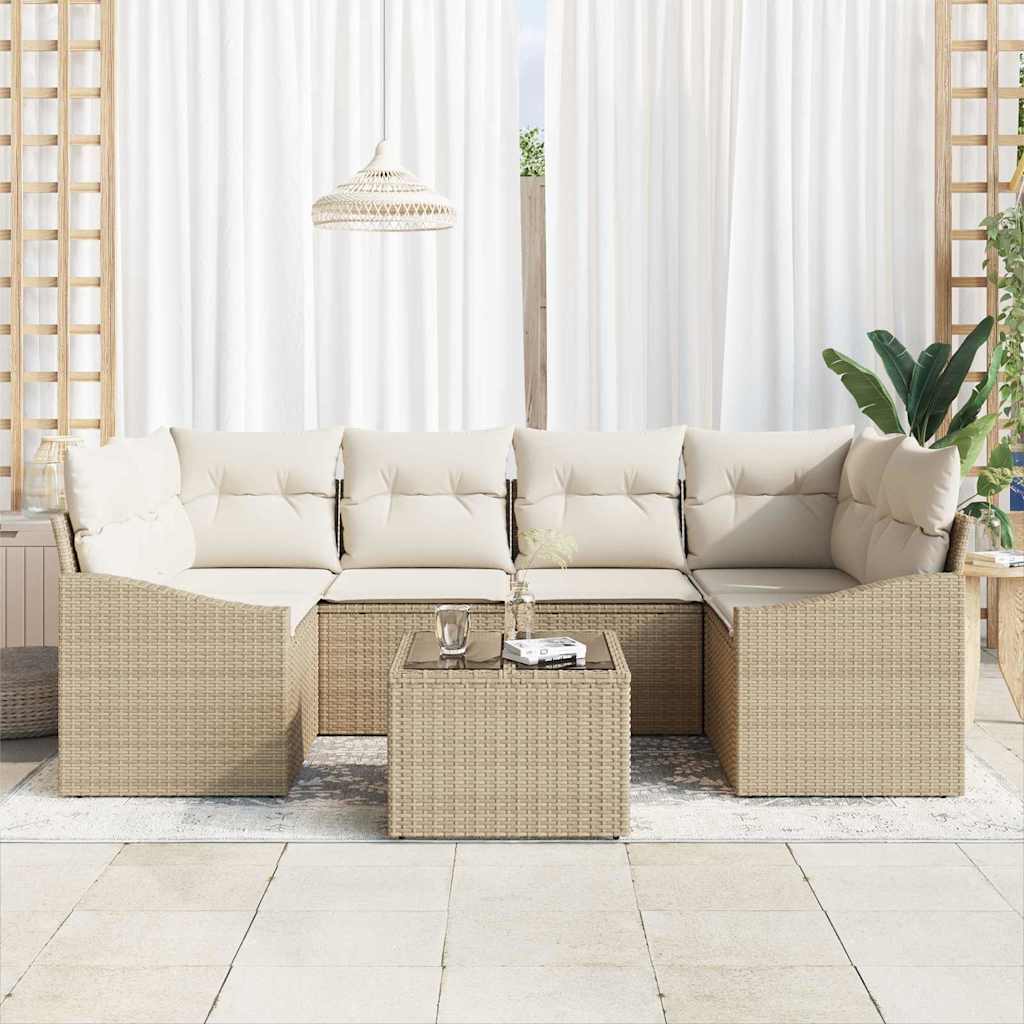 Bankstel met kussen met opslag 7 pcs Beige en Crème poly rattan is nu te koop bij PeponiXL, paradijselijk wonen!