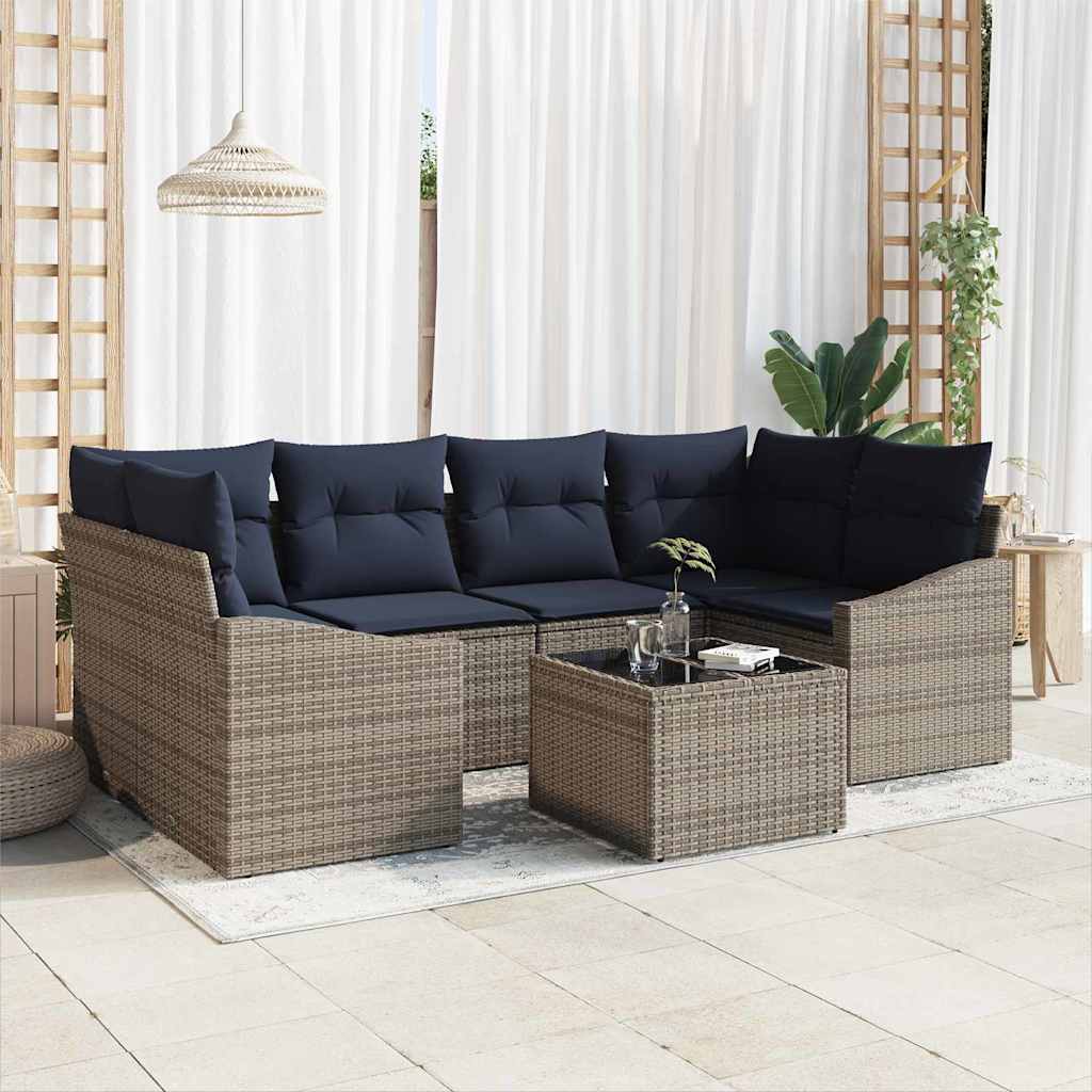 Bankstel met kussen 7 pcs Grijs en Marineblauw poly rattan is nu te koop bij PeponiXL, paradijselijk wonen!