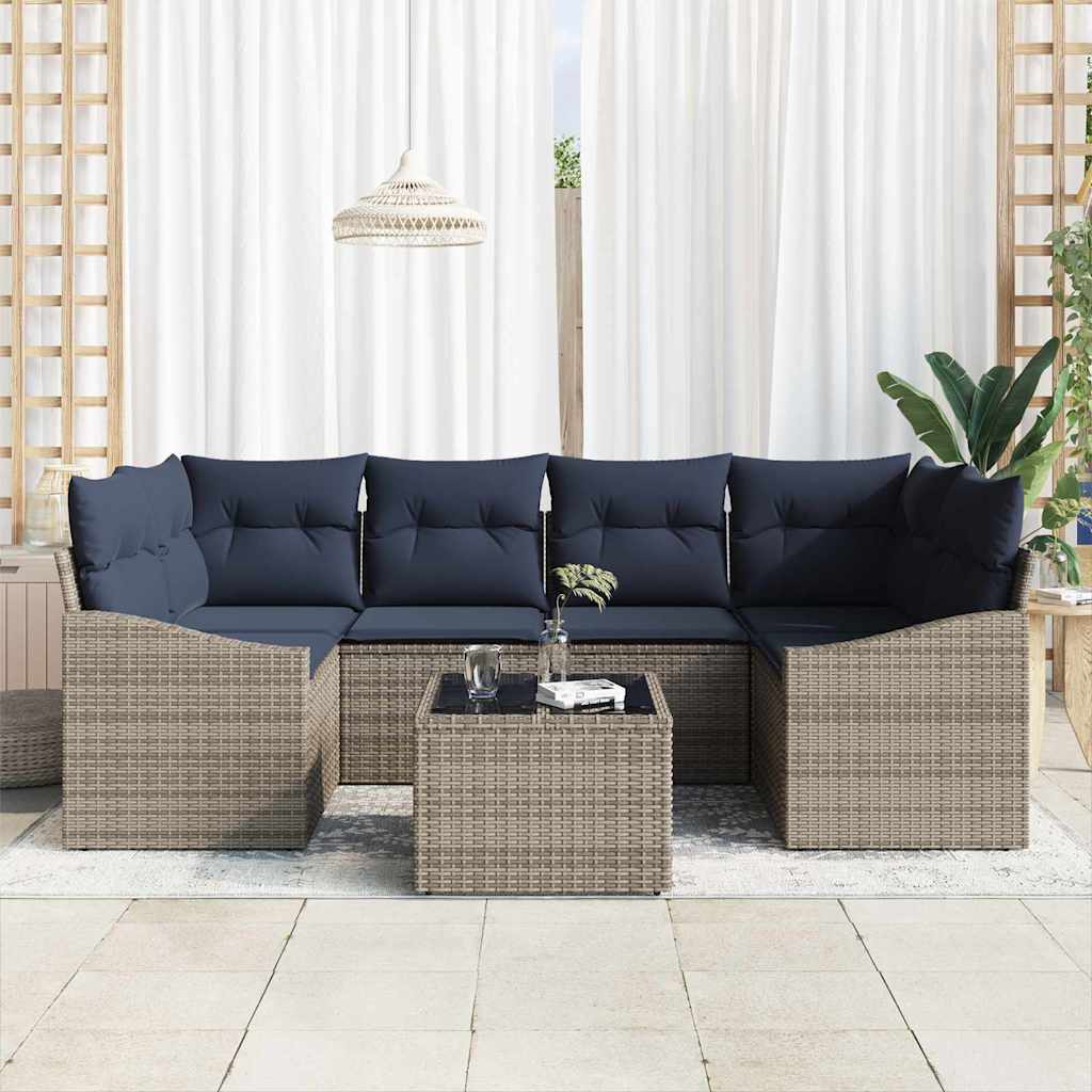 Bankstel met kussen 7 pcs Grijs en Marineblauw poly rattan is nu te koop bij PeponiXL, paradijselijk wonen!