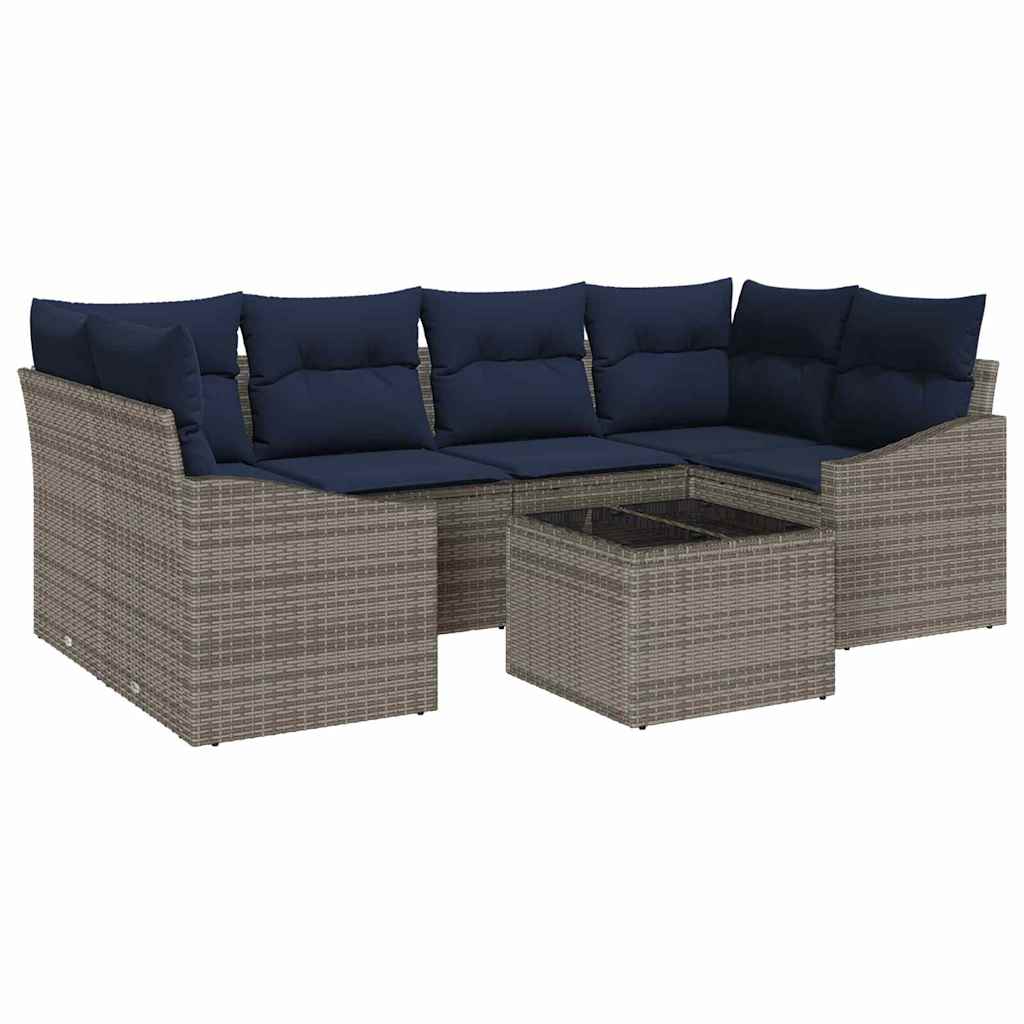 Bankstel met kussen 7 pcs Grijs en Marineblauw poly rattan is nu te koop bij PeponiXL, paradijselijk wonen!
