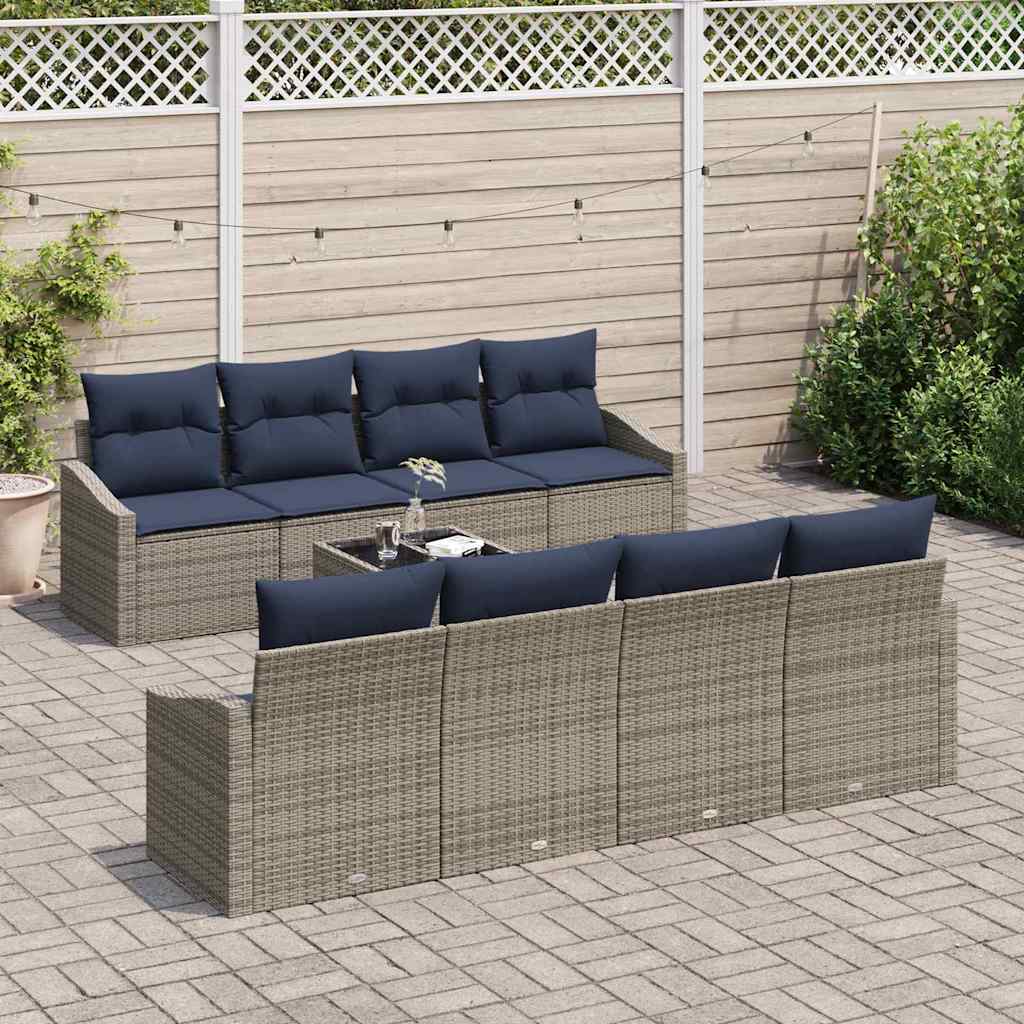 Bankstel met kussen 9 pcs Grijs en Marineblauw poly rattan is nu te koop bij PeponiXL, paradijselijk wonen!