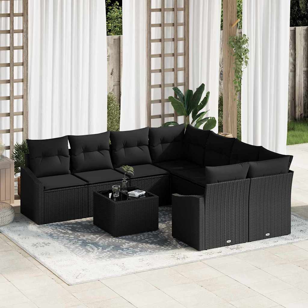 Bankstel met kussen met opslag 9 pcs Zwart poly rattan is nu te koop bij PeponiXL, paradijselijk wonen!
