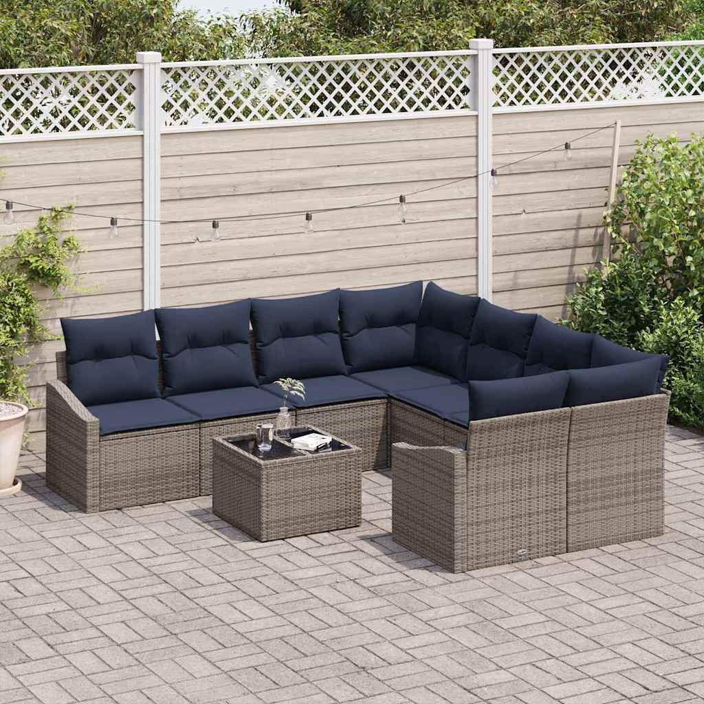 Bankstel met kussen 9 pcs Grijs en Marineblauw poly rattan is nu te koop bij PeponiXL, paradijselijk wonen!
