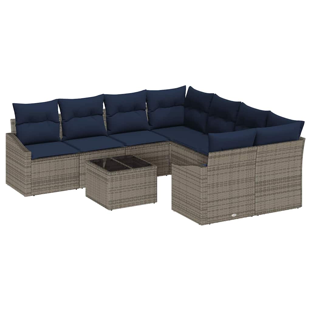 Bankstel met kussen 9 pcs Grijs en Marineblauw poly rattan is nu te koop bij PeponiXL, paradijselijk wonen!