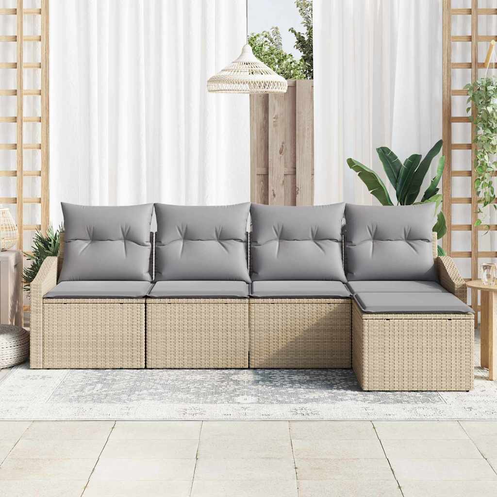 Bankstel met kussen 5 pcs Beige en Licht Grijs poly rattan is nu te koop bij PeponiXL, paradijselijk wonen!