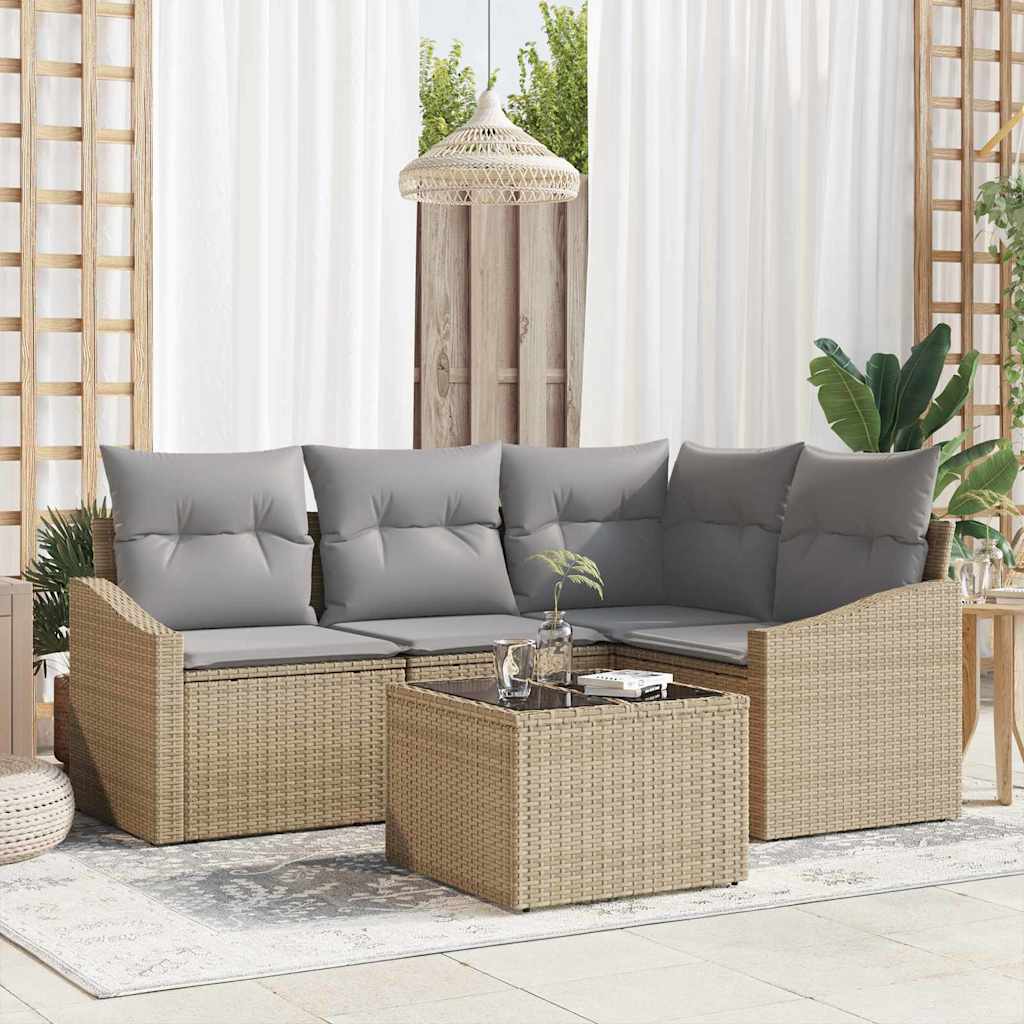Tuinbankenset met kussen 5 pcs Beige en Licht Grijs poly rattan is nu te koop bij PeponiXL, paradijselijk wonen!