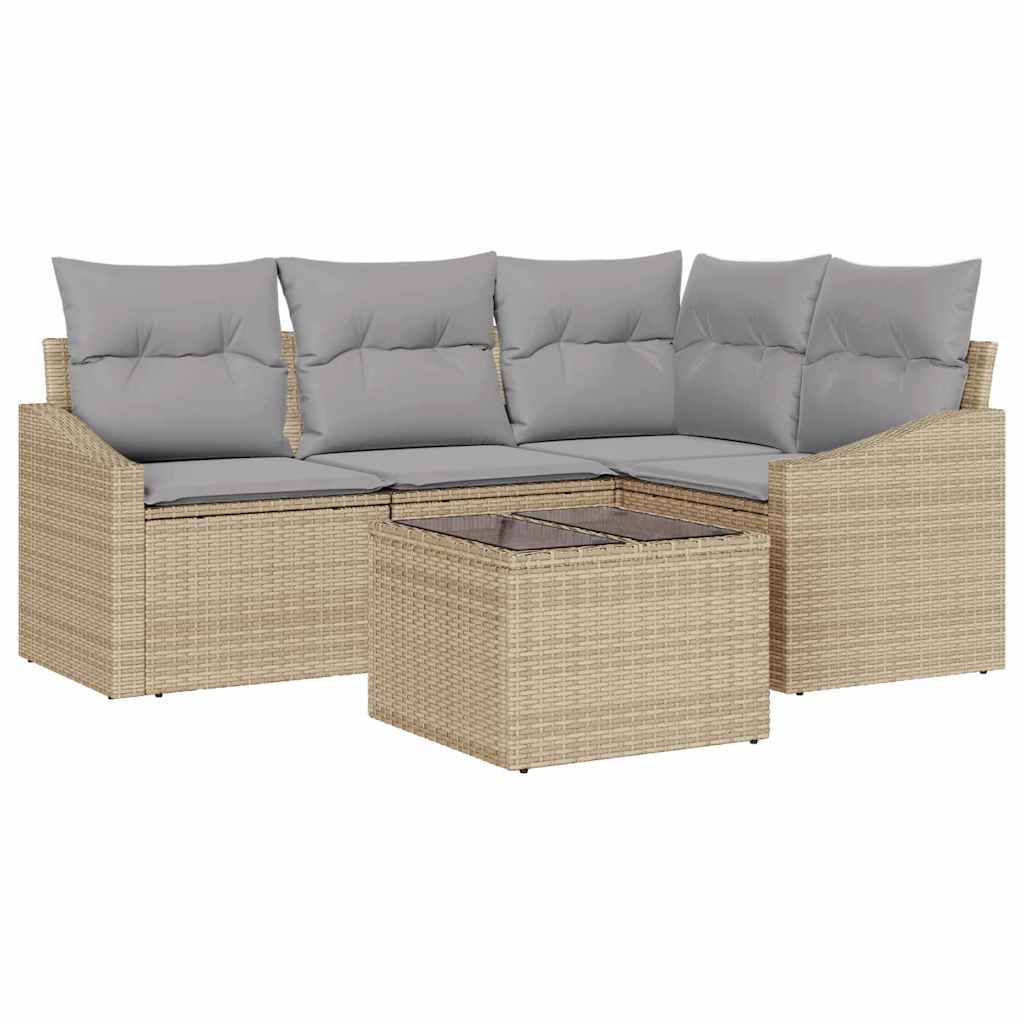 Tuinbankenset met kussen 5 pcs Beige en Licht Grijs poly rattan is nu te koop bij PeponiXL, paradijselijk wonen!