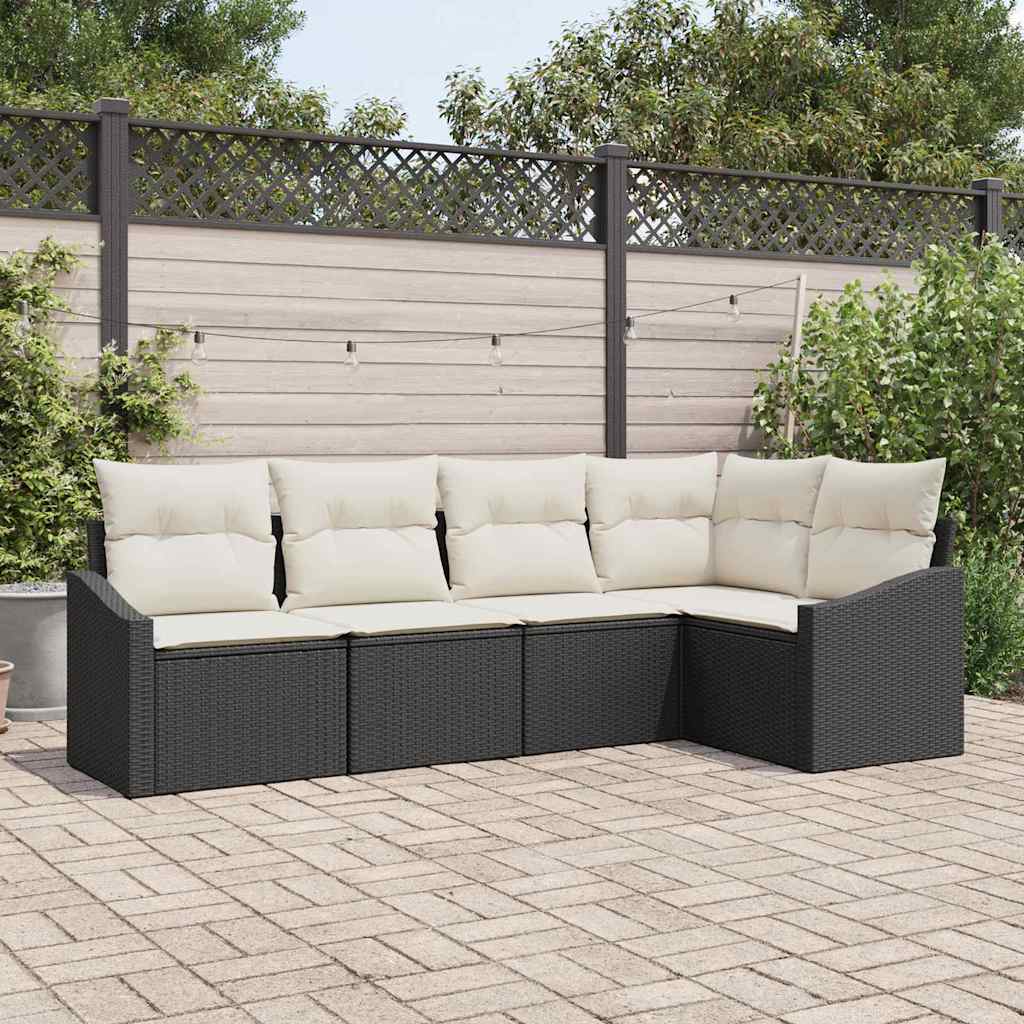 Tuinbankenset met kussen 5 pcs Zwart en Wit poly rattan is nu te koop bij PeponiXL, paradijselijk wonen!