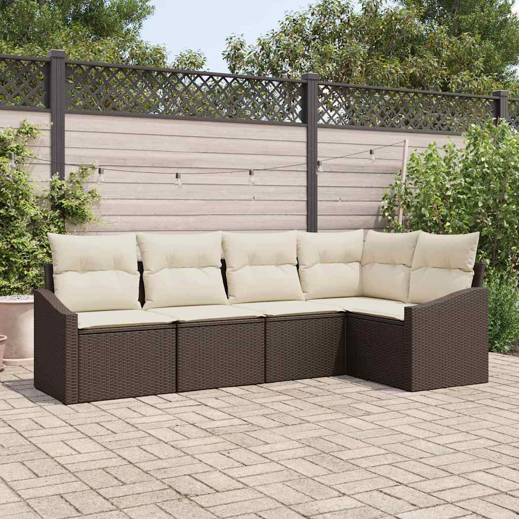 Tuinbankenset met kussen 5 pcs Bruin en wit poly rattan is nu te koop bij PeponiXL, paradijselijk wonen!