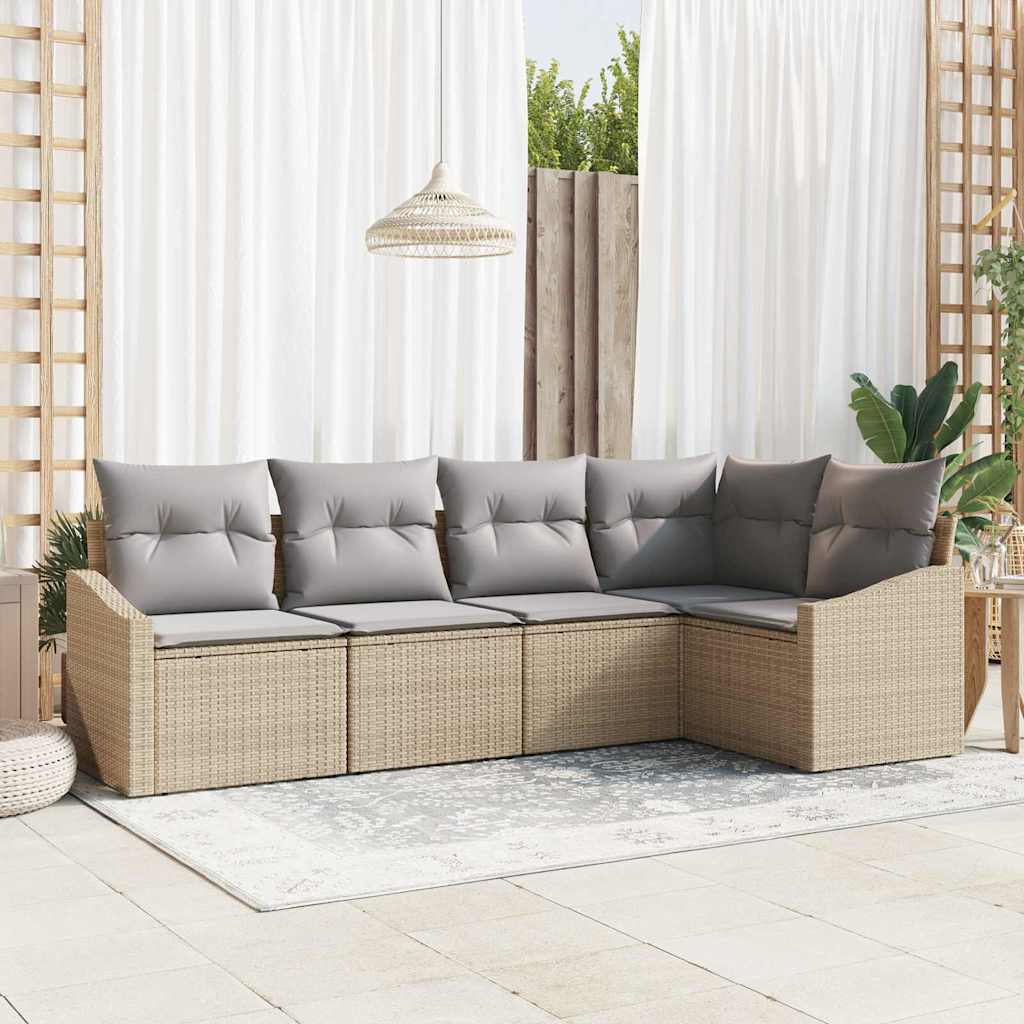 Tuinbankenset met kussen 5 pcs Beige en Licht Grijs poly rattan is nu te koop bij PeponiXL, paradijselijk wonen!