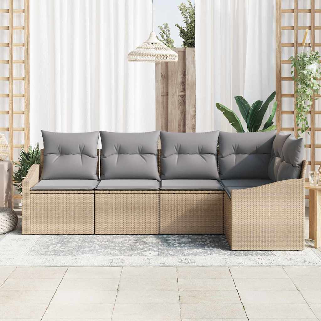 Tuinbankenset met kussen 5 pcs Beige en Licht Grijs poly rattan is nu te koop bij PeponiXL, paradijselijk wonen!